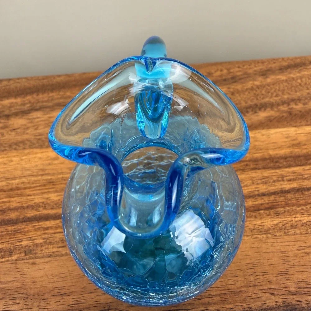 Vintage Blue Crackle Glass Decanter Mini Pitcher Cruet with Ball Stopper 6.5in